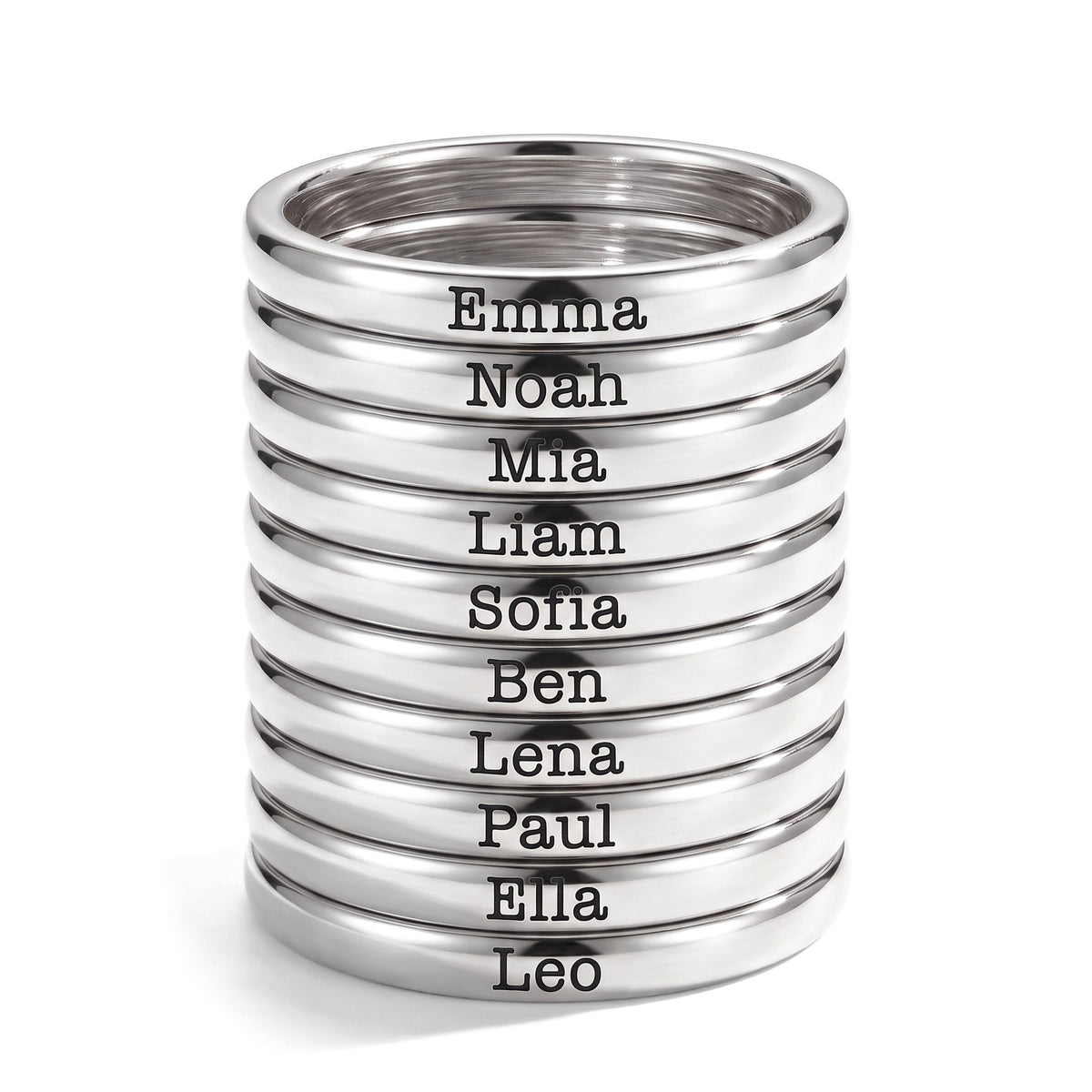 Bague fine empilable avec prénom – argent – 10 bagues empilées