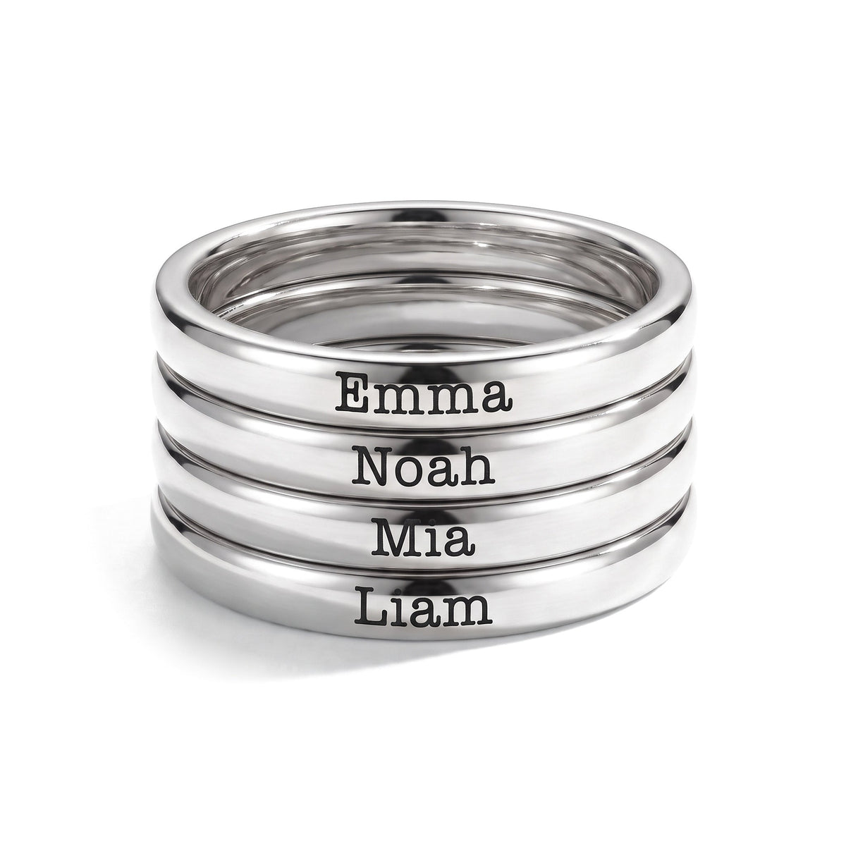 Bague fine empilable avec prénom – argent – 4 bagues empilées