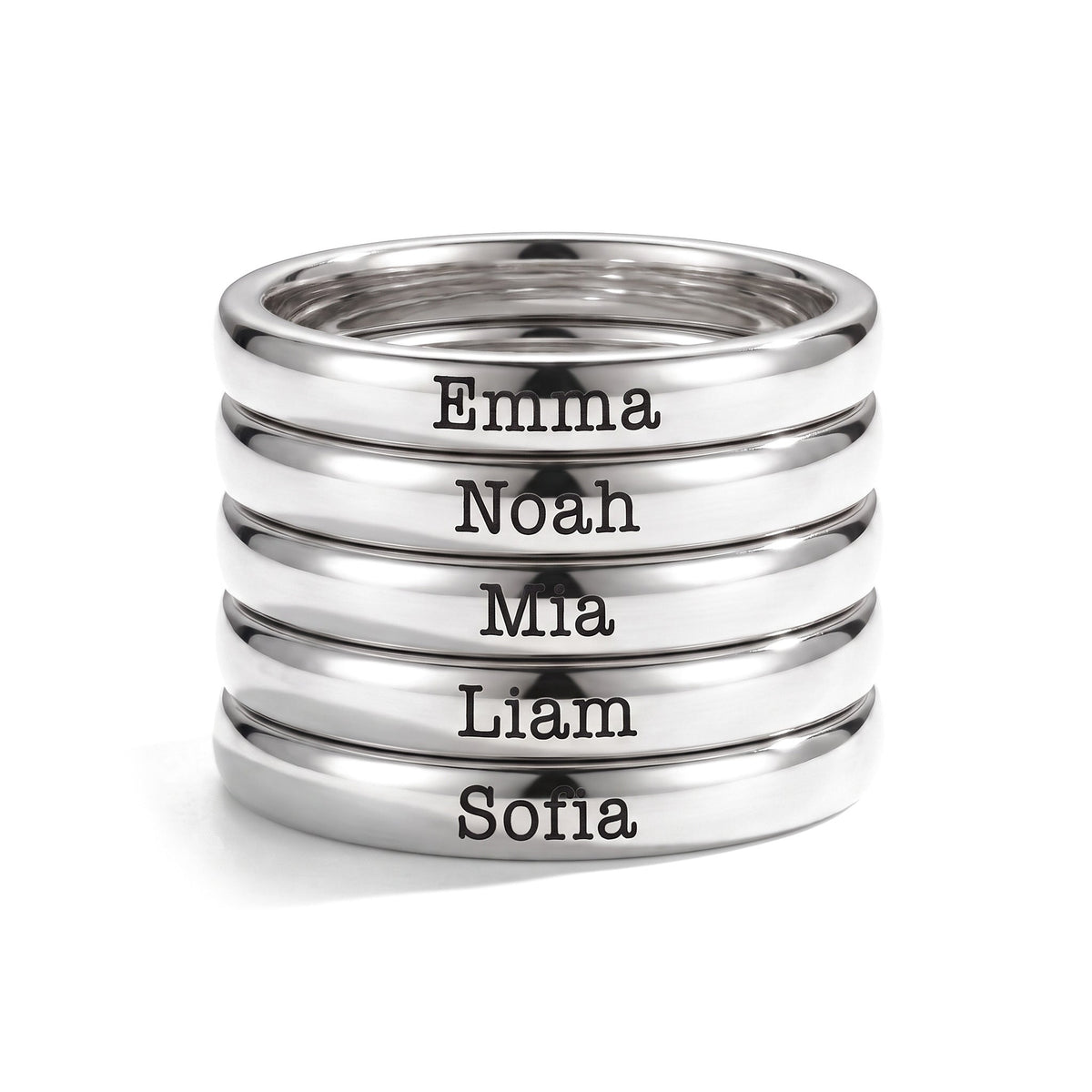 Bague fine empilable avec prénom – argent – 5 bagues empilées