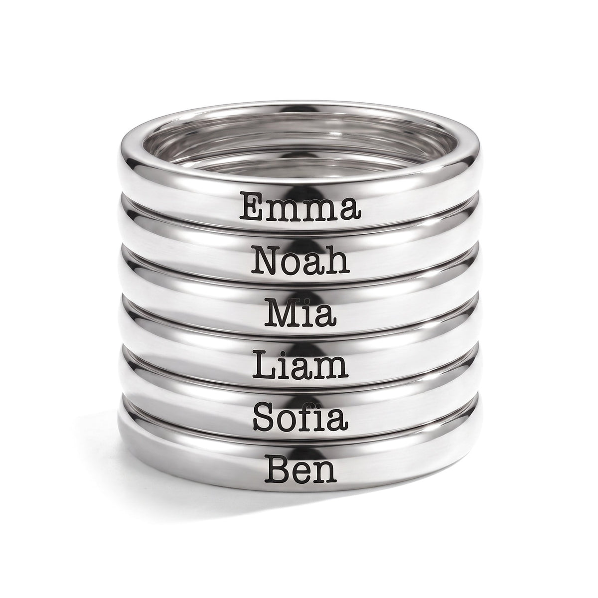 Bague fine empilable avec prénom – argent – 6 bagues empilées