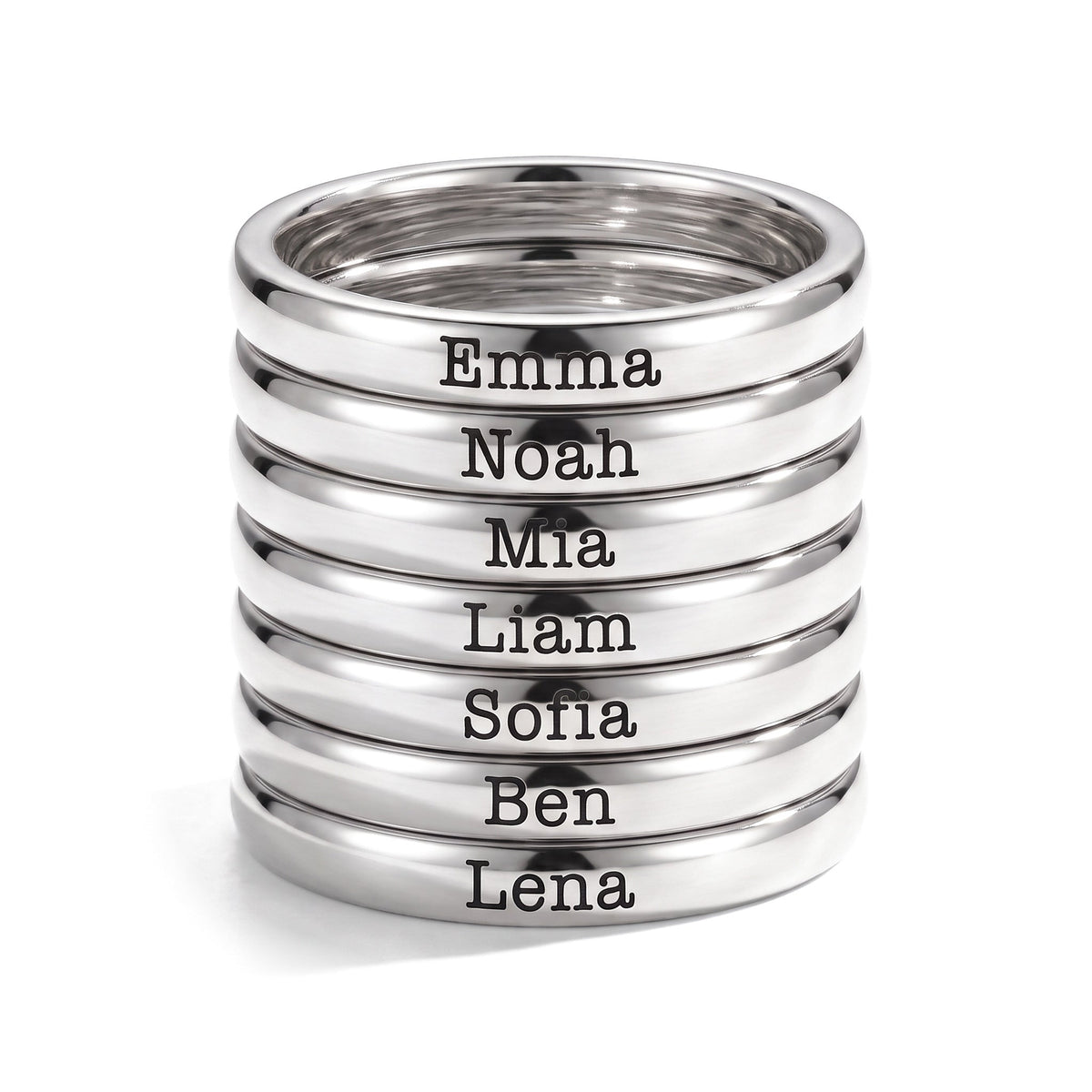 Bague fine empilable avec prénom – argent – 7 bagues empilées