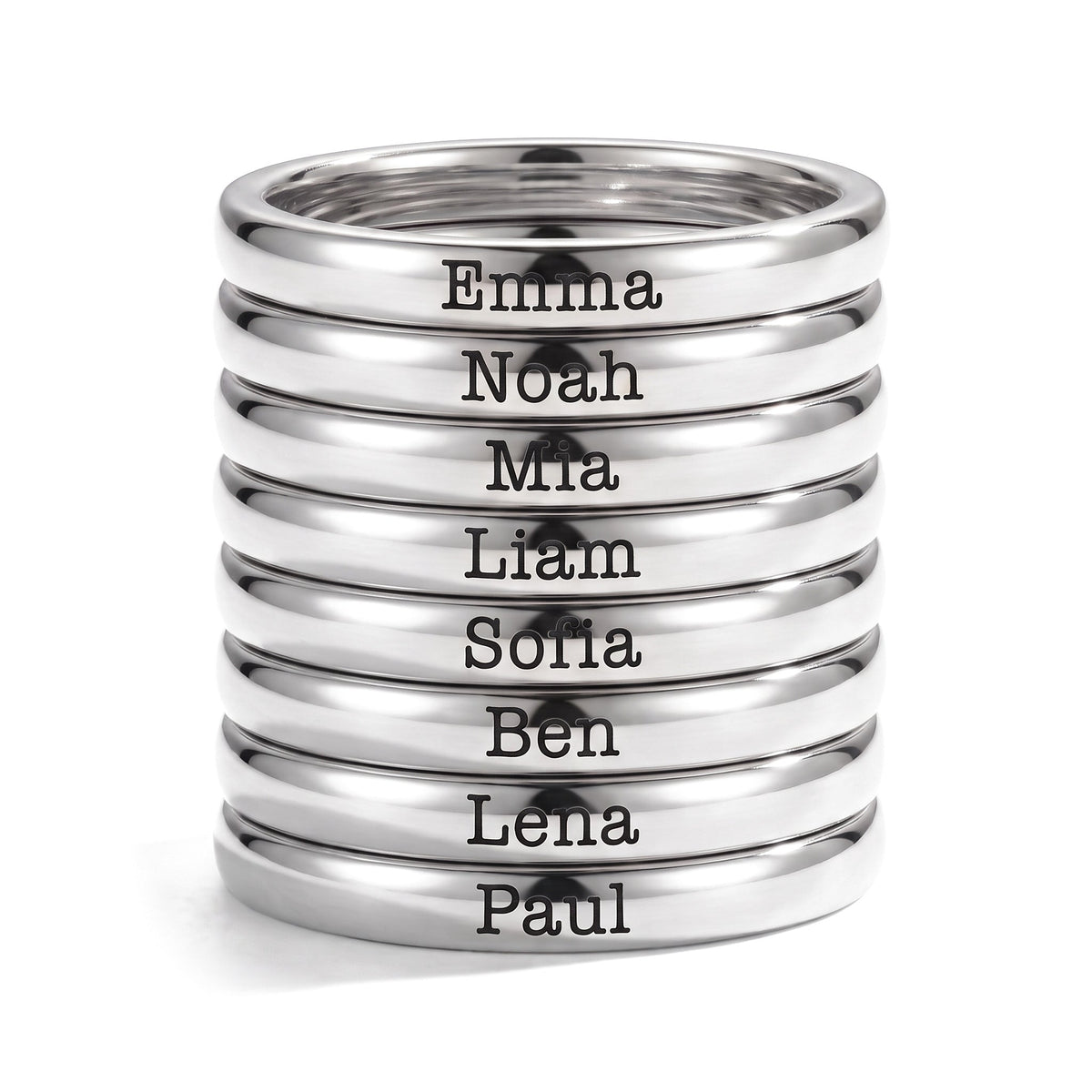 Bague fine empilable avec prénom – argent – 8 bagues empilées