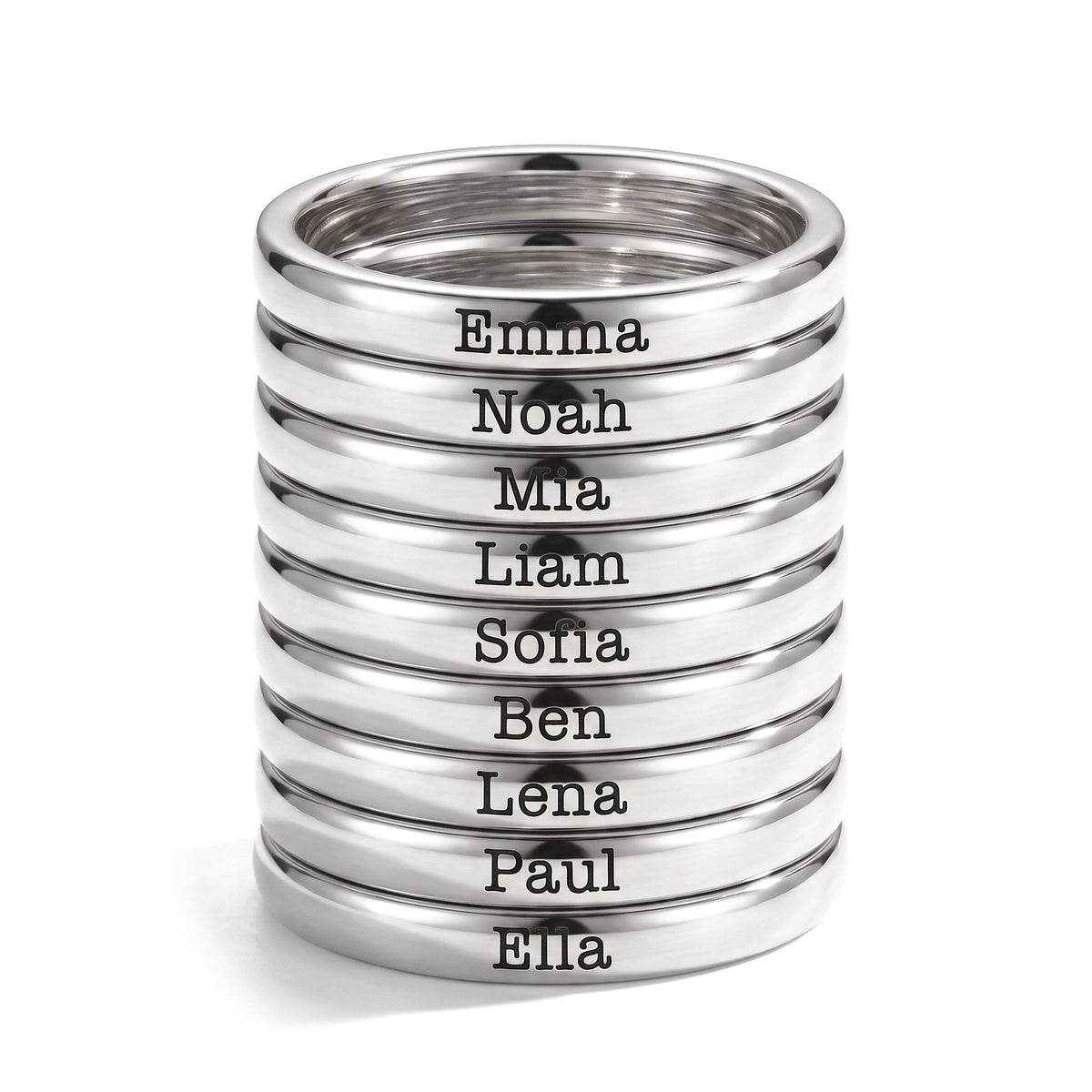 Bague fine empilable avec prénom – argent – 9 bagues empilées