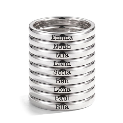 Bague fine empilable avec prénom – argent – 9 bagues empilées